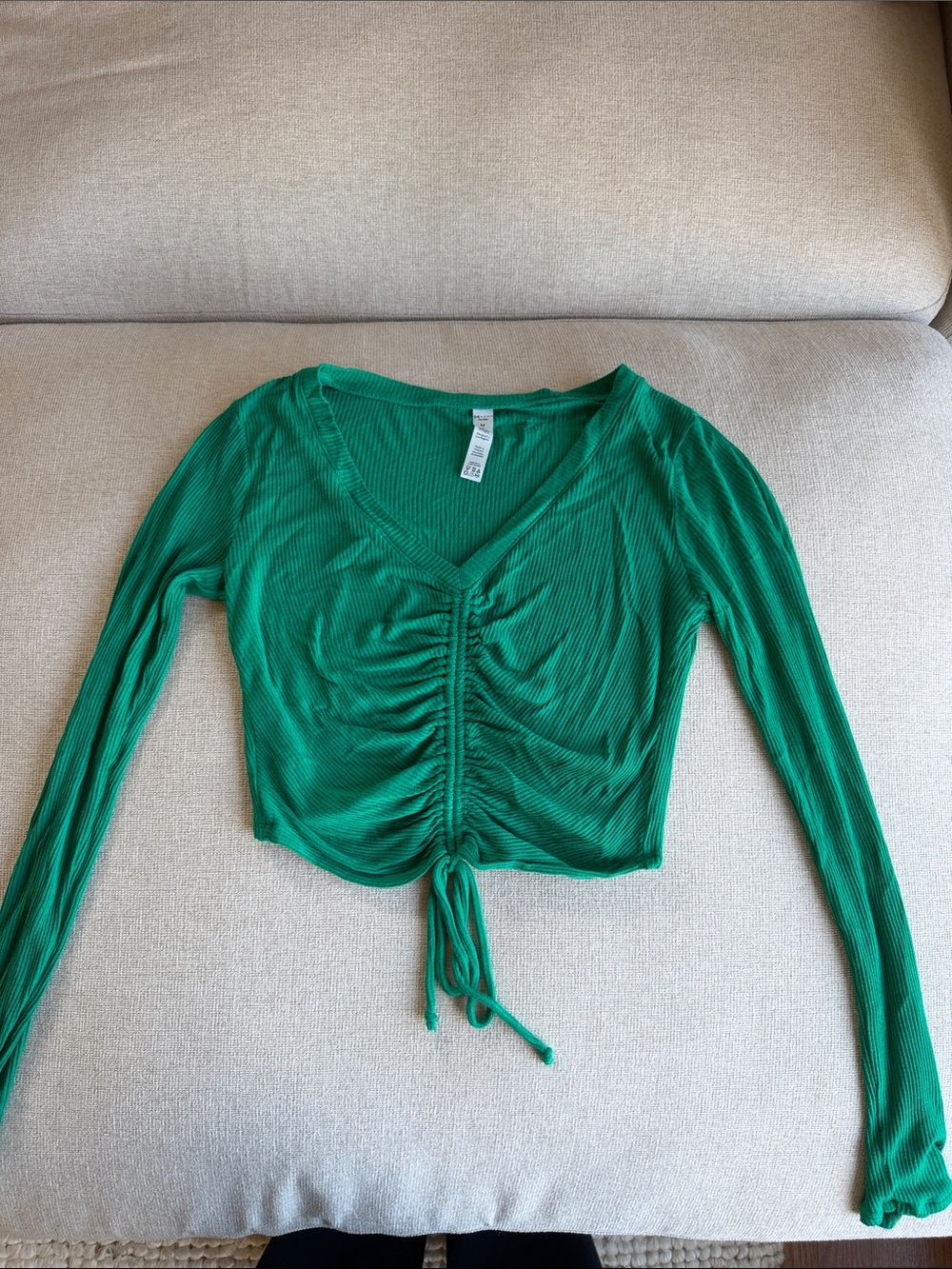 Green Ruched Tie-Front Long Sleeve Top - Women